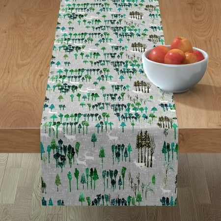 

Cotton Sateen Table Runner 72 - Wood Winter Forest Woodland Rustic Cabin Green Christmas Holiday Deer Stag Snow Birch Pine Storm Print Custom Table Linens by Spoonflower