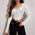 thumbnail image 2 of Arlun,Women's Sexy Cropped Long Sleeve T Shirts Fashion PU Leather Splicing Slim Fit Tshirts Ladies Thin Square Neck Solid Color Mesh Comfortable Breathable Stylish Tops White ONE SIZE, 2 of 4