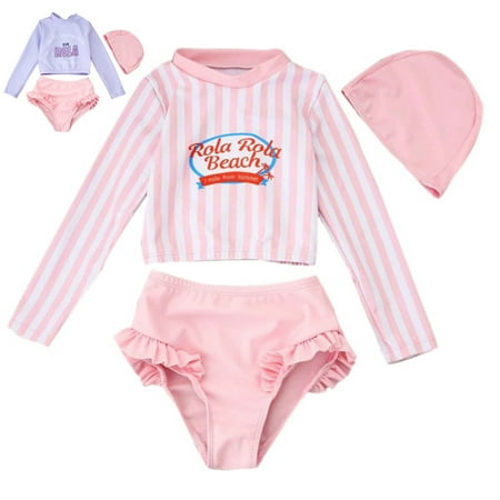 

SYNPOS Toddler Girl Swimwear 3PC Long Sleeve Rash Guard Bathing Suit Beach Swimsuits Outfits 1-7 Years