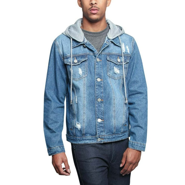 Victorious Men s Detachable Hood Layered Look Distressed Denim Jacket DK135 Indigo X Large Walmart