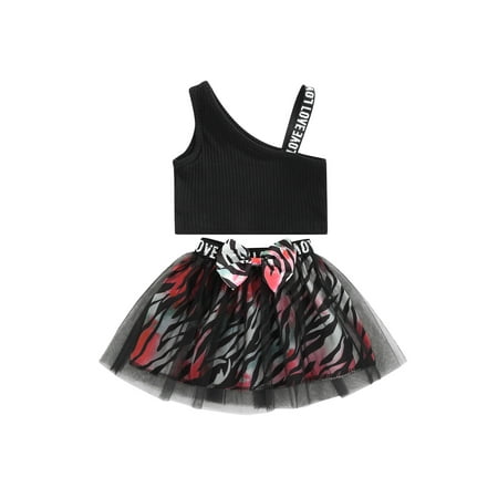 

Nokpsedcb Toddler Kids Girls Casual Skirts Suit Letter Printed Knitted Sling Tops + Mesh Patchwork Printed Skirt Black 18-24 Months