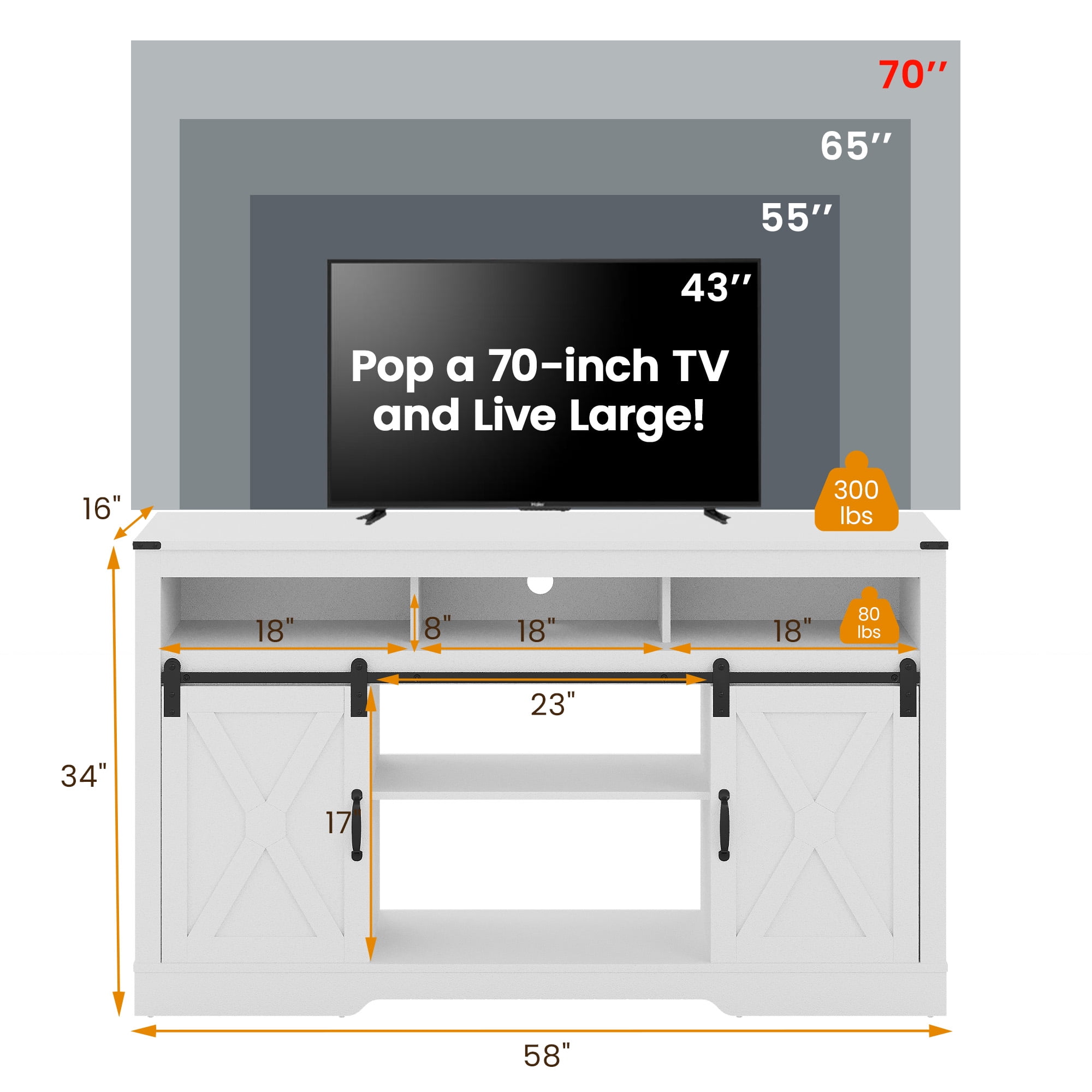 Mayincolor Rustic Wood TV Stand for 65+ Inch TVs, Entertainment Center with Sliding Barn Doors, White