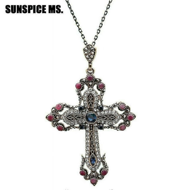 Sunspicems Religious Jewelry Flower Cross Necklace For Women Antique Gold Color Turkish Cross Pendant Necklace Festival Gift