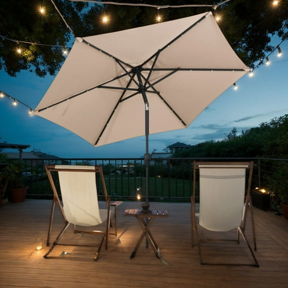 GVN Outdoor Patio Umbrella,Patio Umbrella,7.5 Feet Solar Powered Patio Umbrella with LED Lights and Crank Handle-Tan