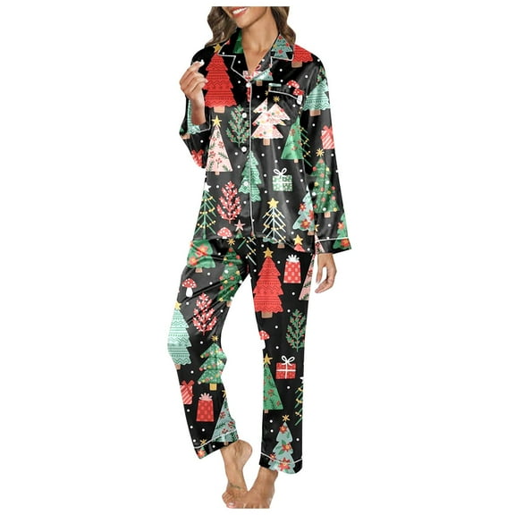 Womens Pajamas Trendy Christmas Prints Button Long Sleeve Long Pants Set Plus Size Sleepwear for Women