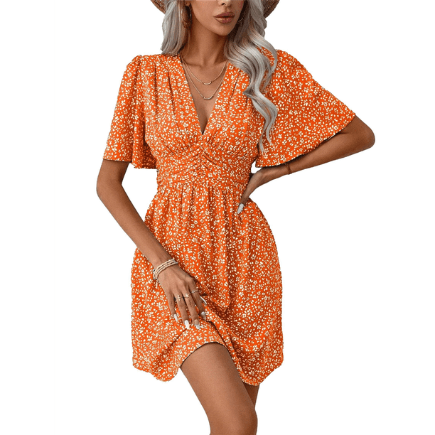 Vestido Corto Informal de Verano con Estampado Floral y Mangas con Vuelo para Mujer, Vestido Veraniego con Cuello en V. Color Naranja L