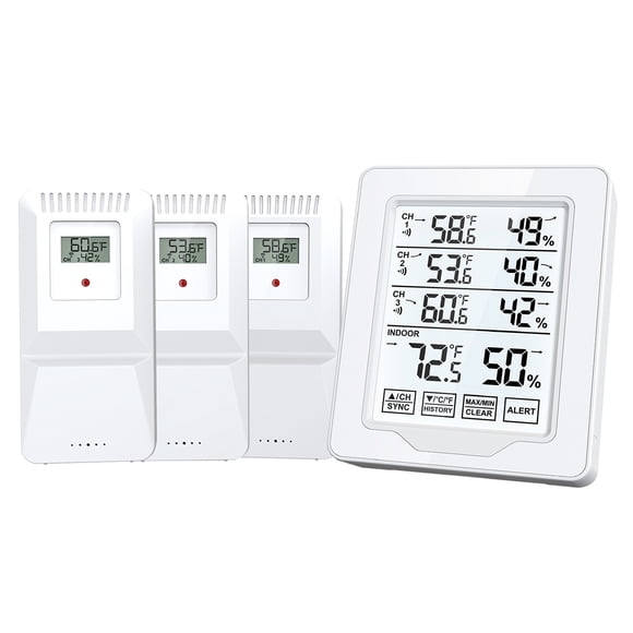 Indoor Indoor Outdoor and Humidity Monitor 500ft/150m Range with 3 Remote Sensors and White Backlight Hygrometer