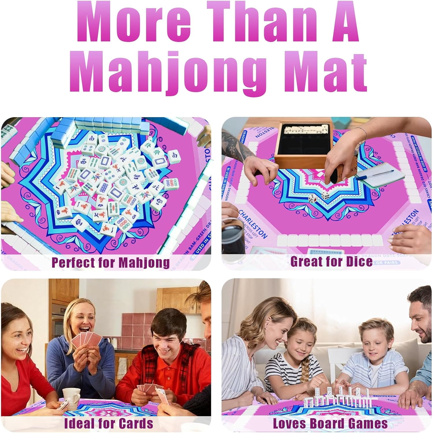 Cyfie Mahjong Mat for Table 32.5x32.5 Inch, 3mm Thick Anti-Slip Noise Reduction Mahjong Mat with Rules, Waterproof Game Mats for Poker, Board Games, Cards & Dominoes (Pink)