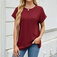 thumbnail image 2 of Tfken Summer T-Shirts For Women Solid Color Short Sleeve Crew Neck Tops Trendy Daily Wear Female Comfortable Shirts Red, 2 of 5