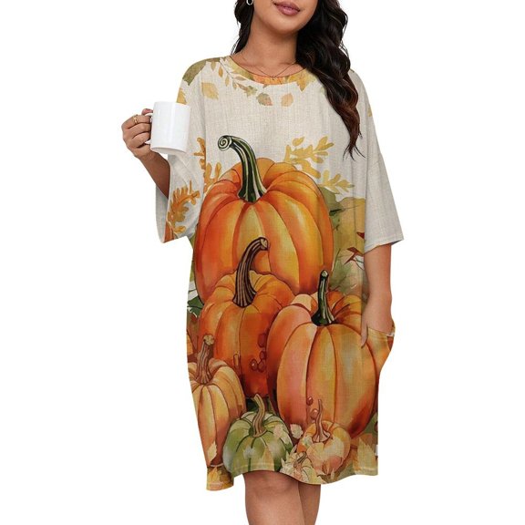 Fall Thanksgiving Maple Leaf Pumpkin Watercolor Sleepshirts For Sleeping Travels Loose Sleepdress Pajama Dress Soft Nightdress Sleepwear