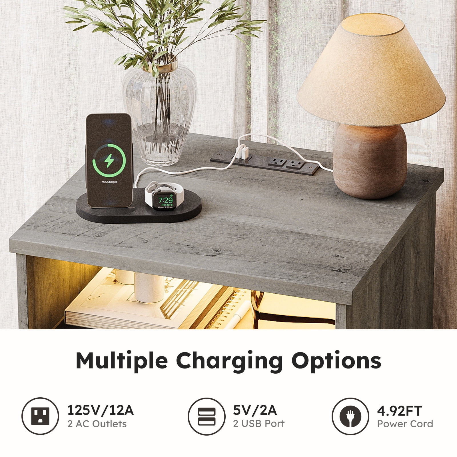 Nightstand Bedside Table with Charging Station Set of 2, 2 Drawer LED Dresser for Bedroom Furniture, Gray