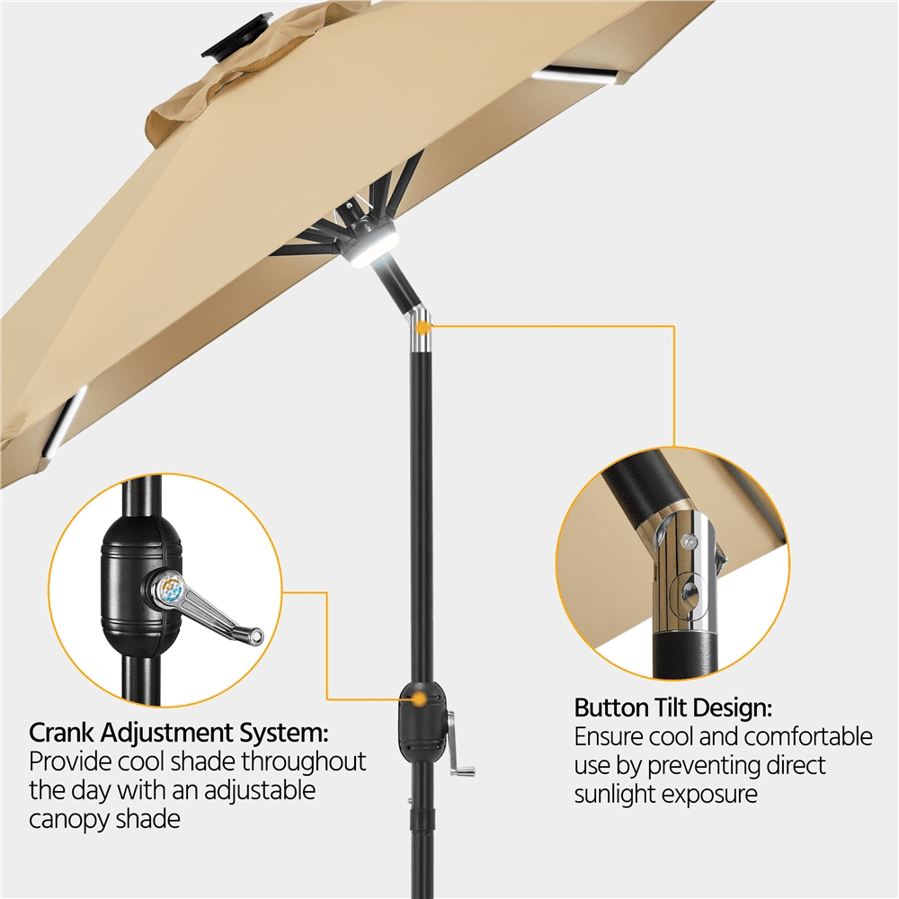 Renwick 9Ft Outdoor Patio Umbrella with Solar Powered LED Lights Strips, Tan