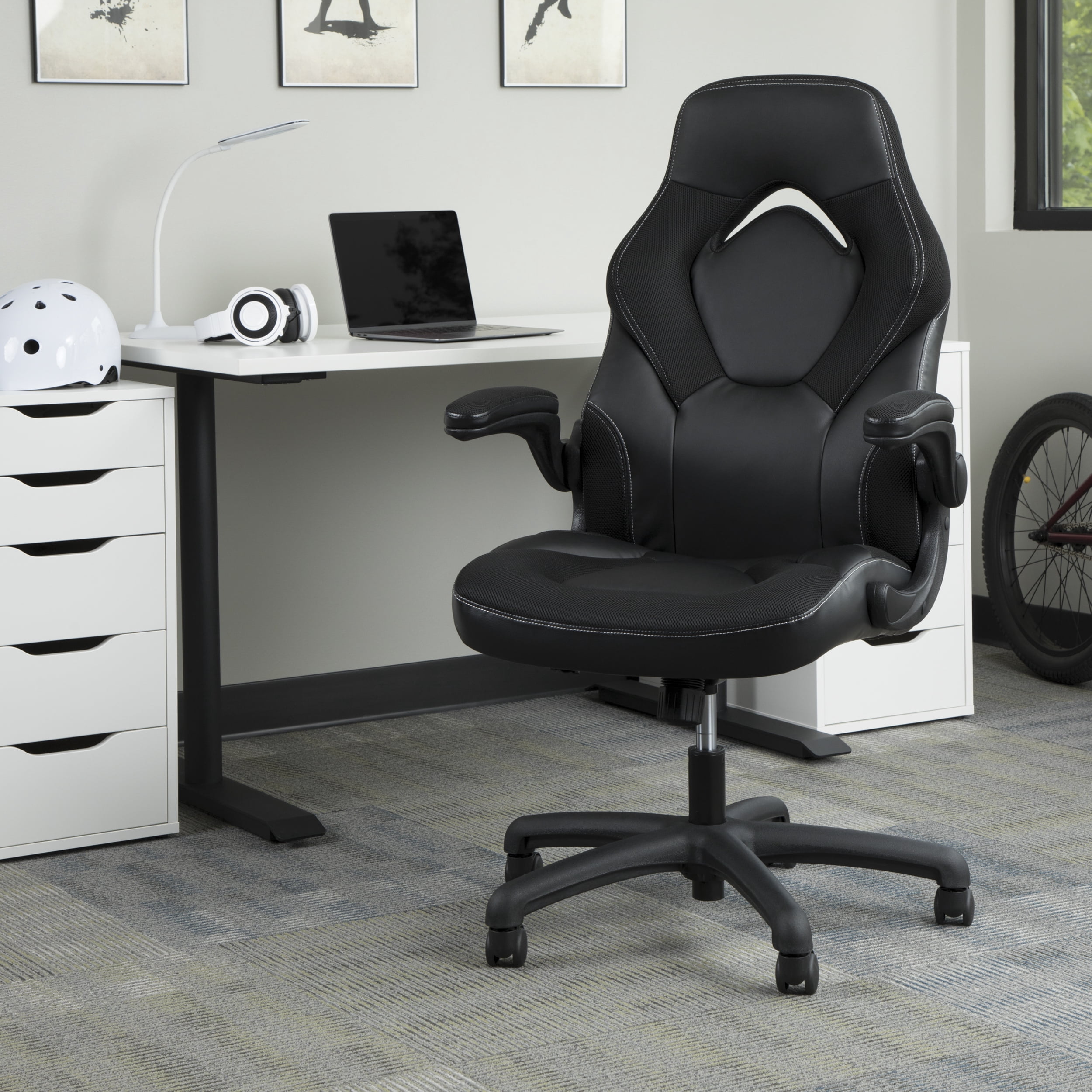 OFM Essentials Collection Racing Style Bonded Leather Gaming Chair, in Black (ESS-3085-BLK)