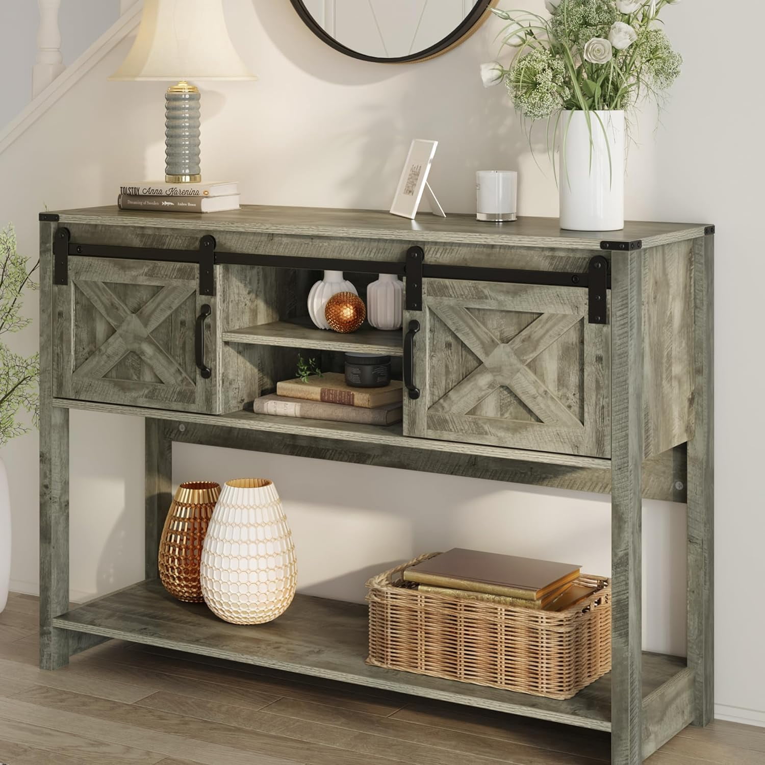Superjoe Farmhouse Console Table w/Storage & Sliding Barn Door for Entryway, 46" Wood Foyer Table w/Adjustable Shelf, Coffee Bar Sideboard for Hallway, Living Room, Light Gray