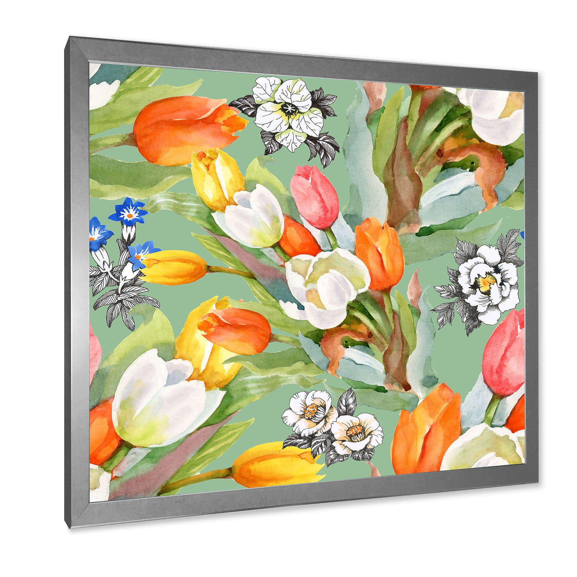 Designart 'Blooming Orange and White Tulips II' Traditional Framed Art Print
