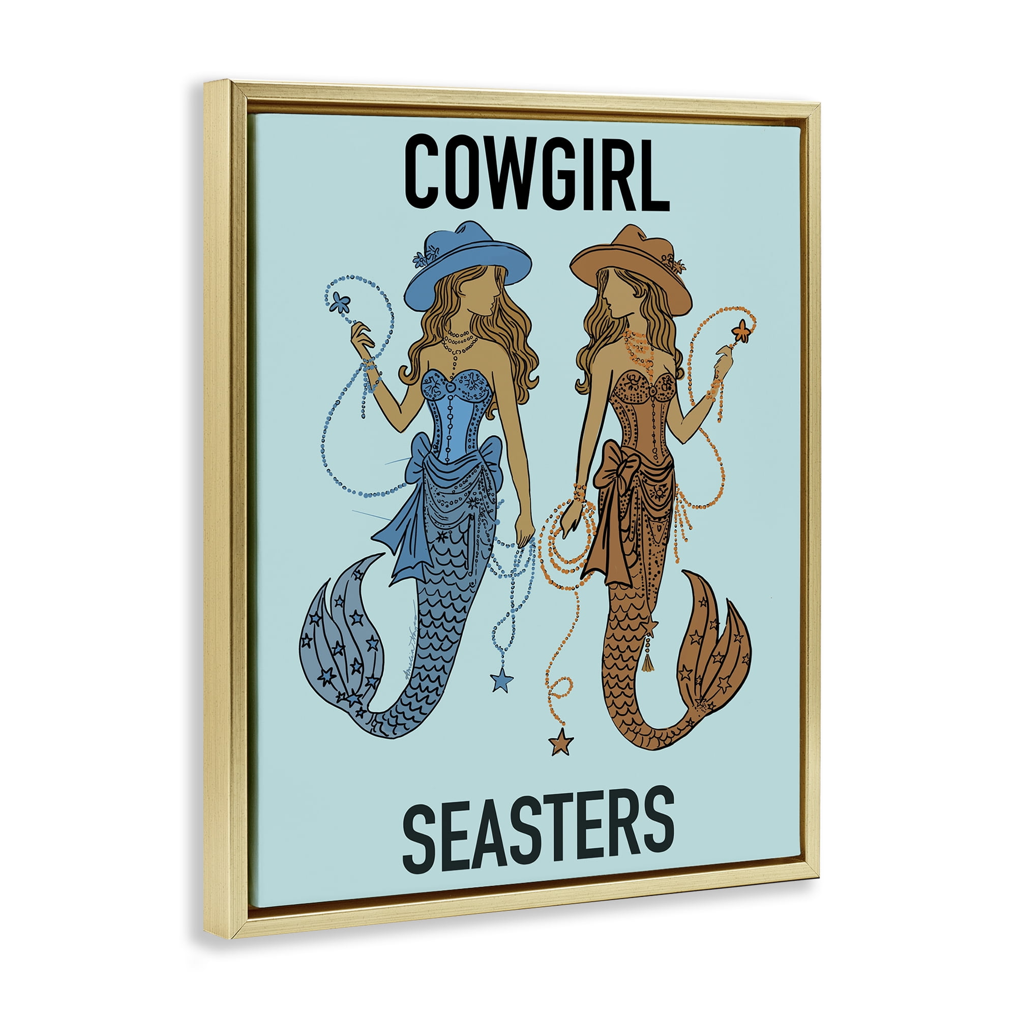 Cowgirl Seasters Mermaid Friendship Gold Framed Floater Canvas Wall Art, design by Amelia Noyes