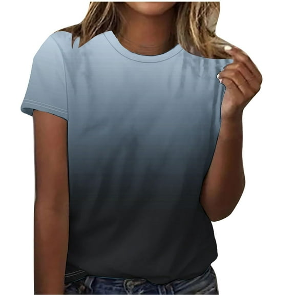 Pxiakgy Summer Tops for Women Short Sleeve Gradient Color Round Neck T Shirt Gradient Color Spring Short Sleeve Shirts Beach Vacation Clothes Fashion Plus Size Tshirts for Teen Girls 2025 Black L