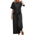 thumbnail image 2 of pstuiky Womens Pajama Sets Oversized Solid Color Lightweight Sleepwear with Pants Casual Loose Fit Crew Neck Short Sleeve Pajamas Plus Size Sleepwear Black L, 2 of 5