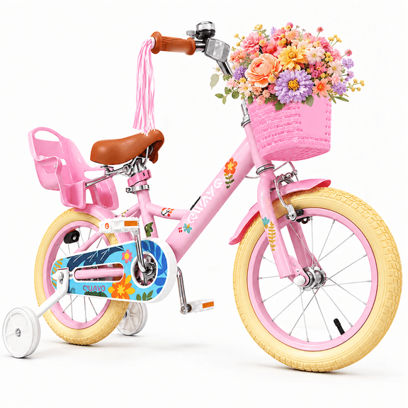 QWAYQ Kids Bike for 3-5 Years Old, 14" Children Bicycle with Training Wheels, Doll Seat and Basket, Girl's Bikes with Handbrake, Pink