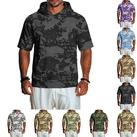 UDAUDU Camo Shitr for Men with Hood Lightweight Breathable Short Sleeve Hooded Gym Workout 2026 Fall Trendy Sweatshirt Black 4XL