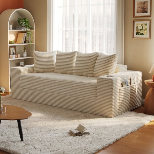 77-Inch Frameless Teddy Couch Bed, Boneless Corduroy Convertible Floor Sleeper Sofa with Cup Holders, Side Storage, 30D High-Density Foam, Cream