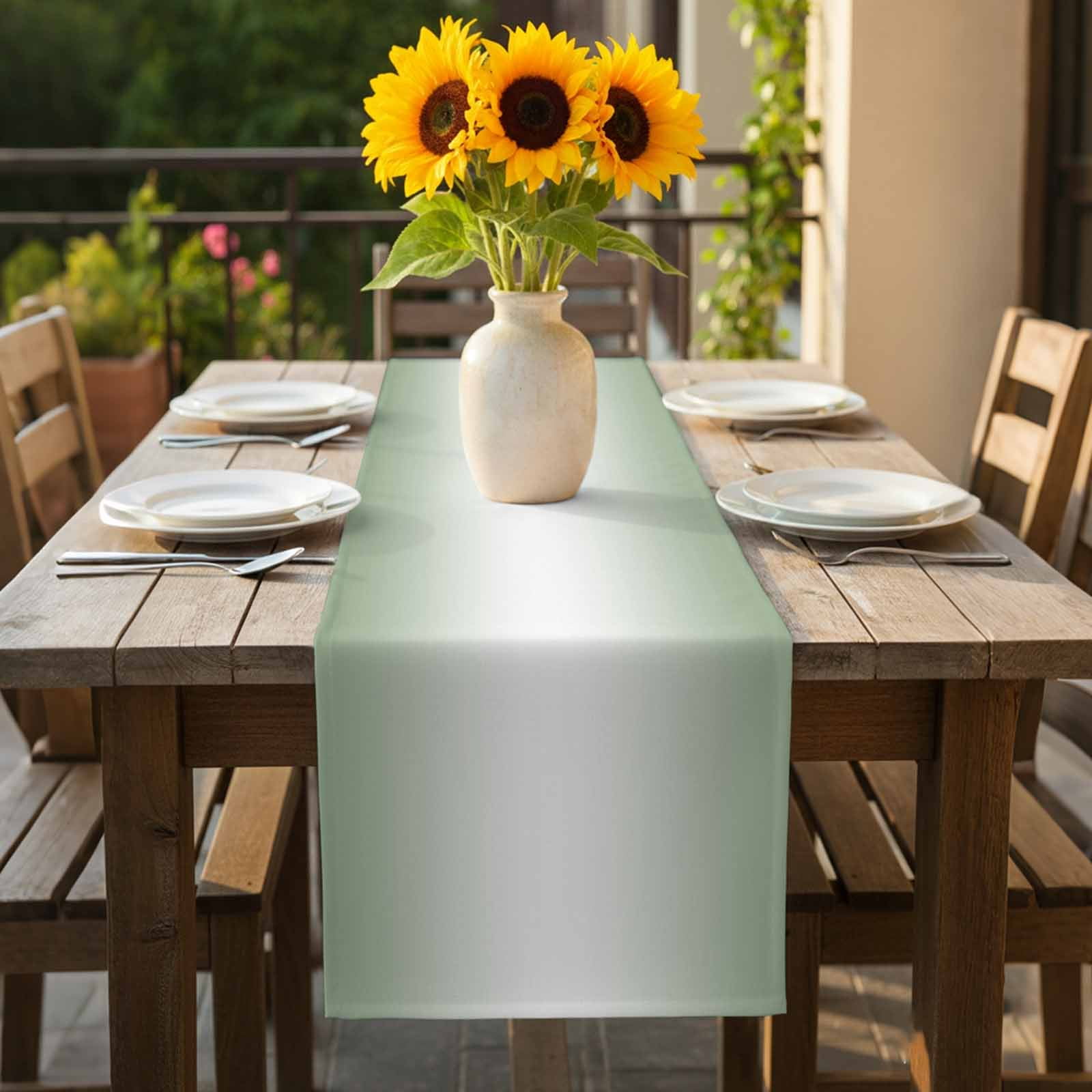 Sage Green Table Runner 13x108 inch and White Gradient Cotton Linen Dining Table Runner Ideal for Dresser Kitchen Coffee Tables - Machine Washable