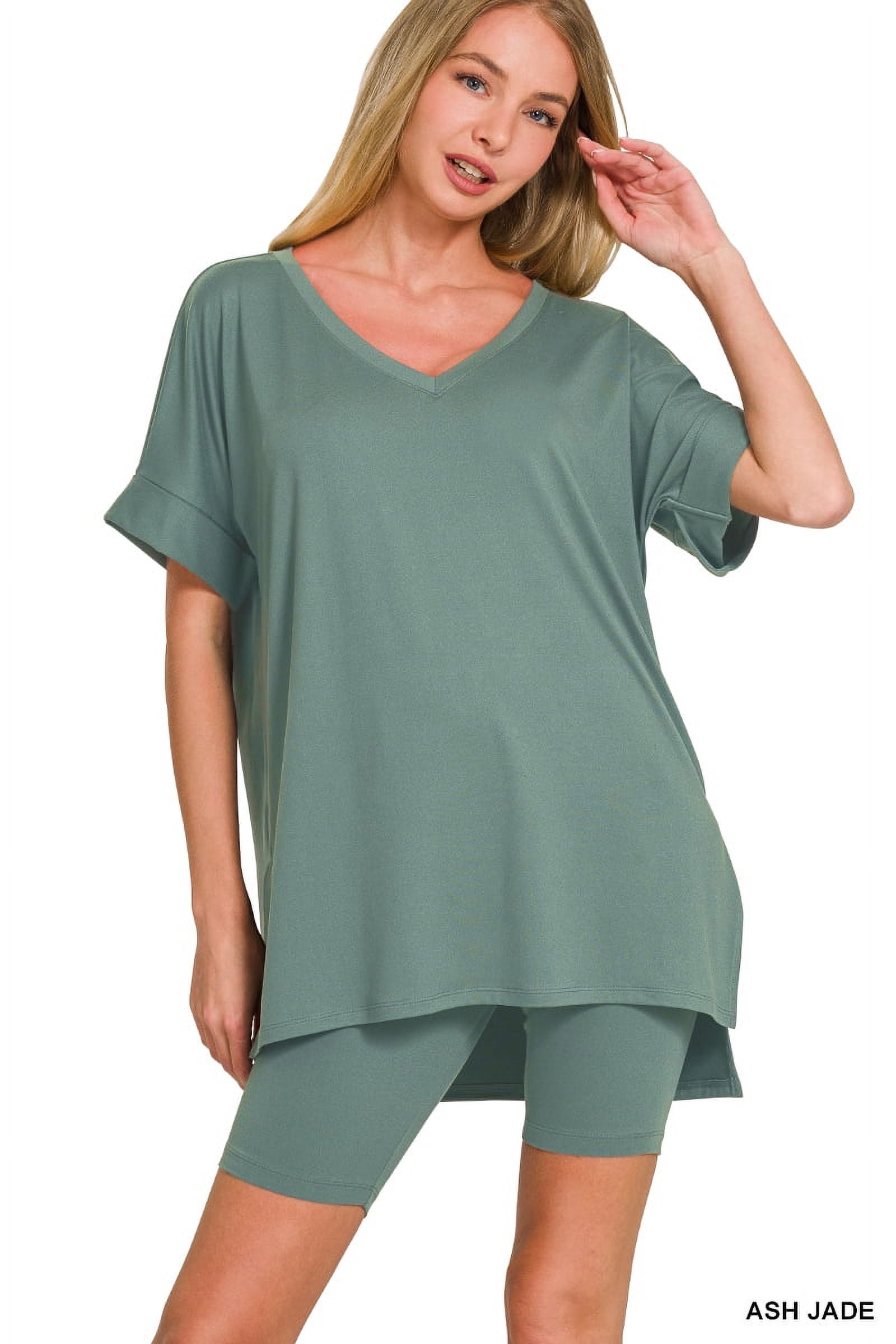 Zenana Plus Size Brushed DTY Microfier V-Neck Short Sleeve Hi-Low Hem & Biker Short Loungewear Set