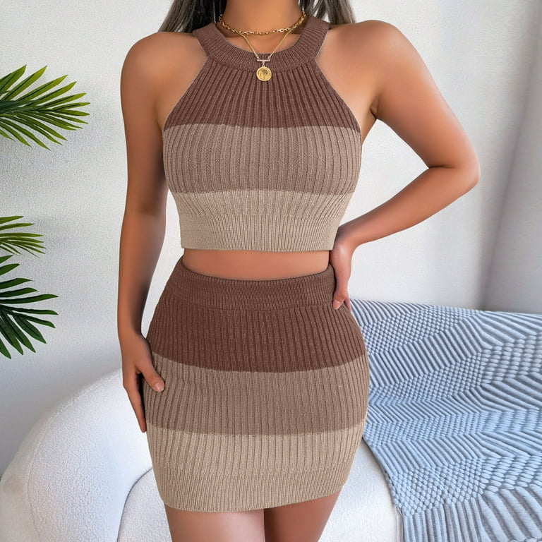 REORIAFEE Outfits for Women Sets Sexy Workout Outfits Women's Sexy Casual  Love Top Wrap Hip Skirt Set Khaki L 