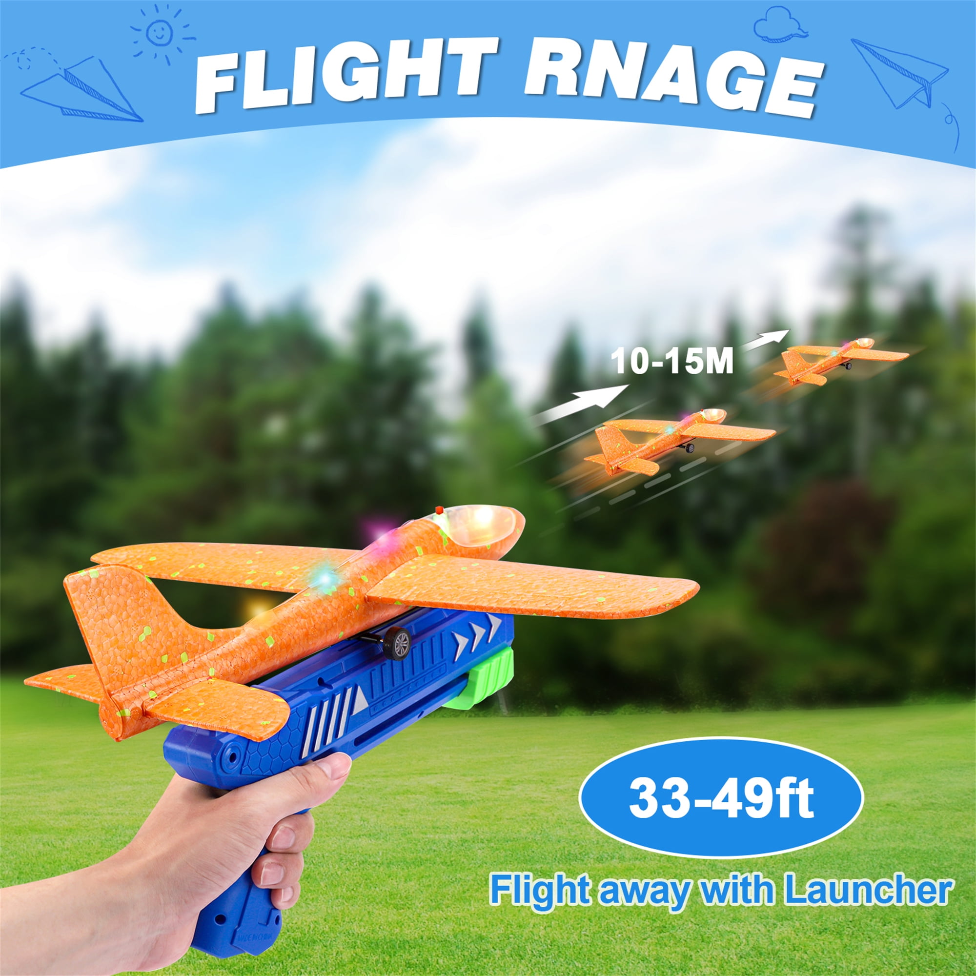 Growsly 3 Pack Catapult Airplane Foam Glider Outdoor Toy for 4-12 Years Old Kids, Red Orange Blue
