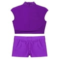 thumbnail image 4 of YONGHS Kids Girls 2 Piece Ballet Dance Gymnastics Sports Tracksuit Sequins Crop Top with Shorts Set Purple 14, 4 of 7