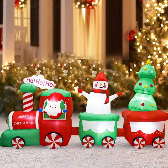 Tren inflable navideño de 2,6 m (8,5 pies) para decoración exterior, tren de Papá iluminado para vacaciones navideñas festivas en