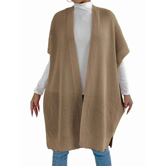 Women'S Ribbed Knit Cardigan Batwing Short Sleeve Oversized Casual Sweater Chunky Side Split Long Coat Camel One Size