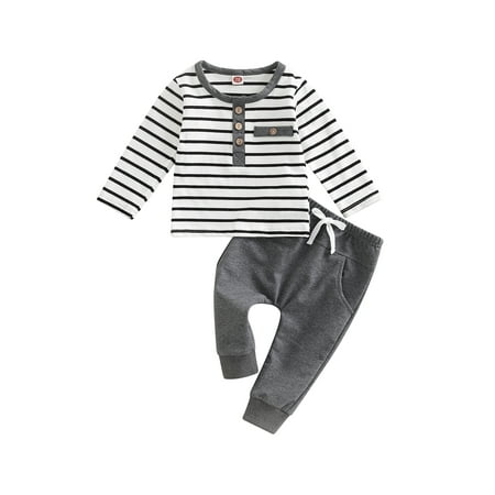 

Meihuida Baby Girls Boys 2Pcs Outfits Stripe Round Neck Long Sleeve Buttons T-Shirts Tops Solid Color Long Pants Set