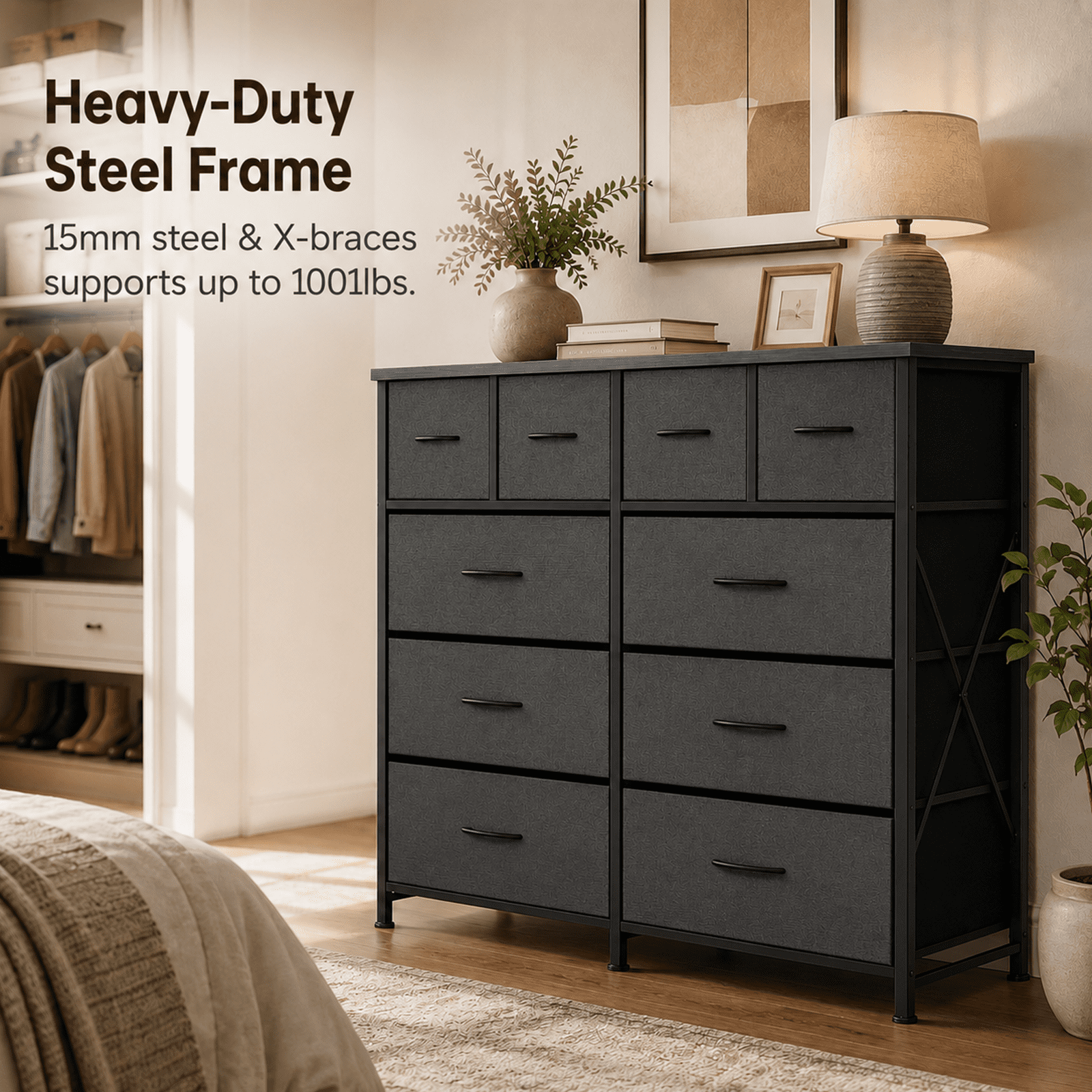 Alvantor 12-Drawer Dresser, Fabric Storage Tower for Bedroom, Hallway, Entryway, Closet, Tall Chest Organizer Unit with Fabric Bins, Steel Frame, Wood Top, Easy Pull Handle