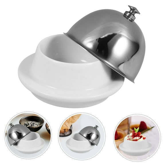 Ceramic Ceramic Butter Dish with Stainless Steel Dome Round Butter Dish Porcelain Cheese Keeper Container Cupcake Display Stand Tray