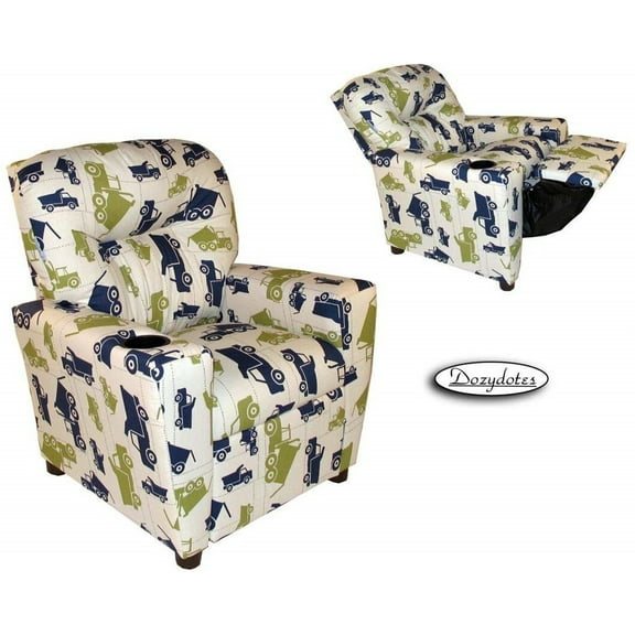 Dozydotes Contemporary Cup Holder Cotton Kid Recliner in Green/Blue/White