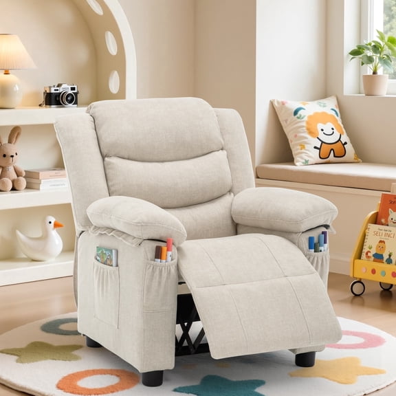 Korser Kids Recliner Chair with Side Pockets Push Back Toddler Recliner with Adjustable Footrest,Child Recliner for Girls Boys Kids Room,Children's Rooms,Beige