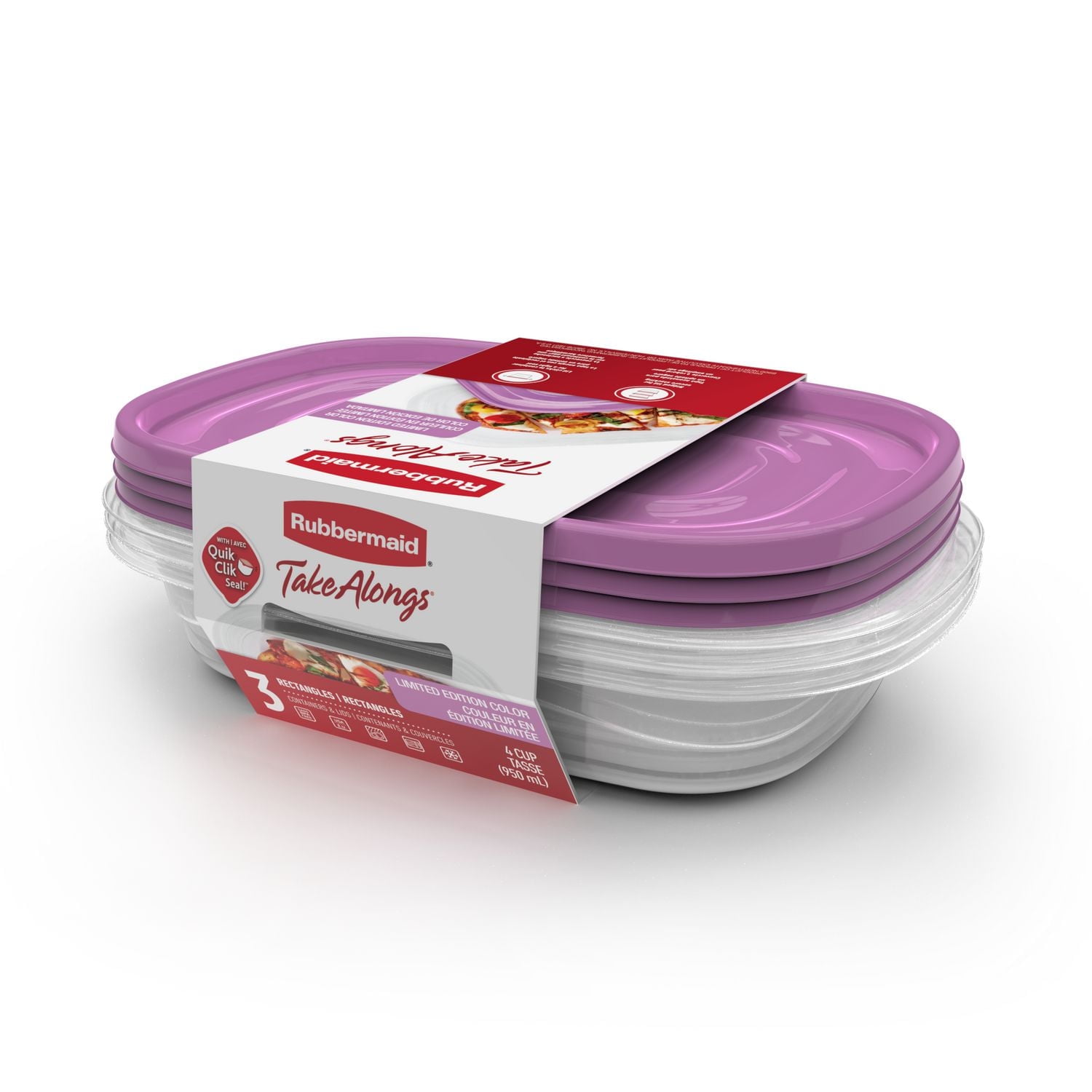 Rubbermaid TakeAlongs 950 ml (4 tasses) récipients de rangement rectangulaires pour les aliments, série spéciale violet orchidée, ensemble de 3