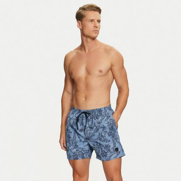 Hugo Boss Men's Reel Swim Trunks, Light Blue Palm Leaf, Small