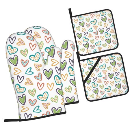 Lovely Love Graffiti Oven Mitts and Pot Holders Sets Baking Sets for Kitchen BBQ Gloves Heat Resistant Cooking Romantic 4 Pieces