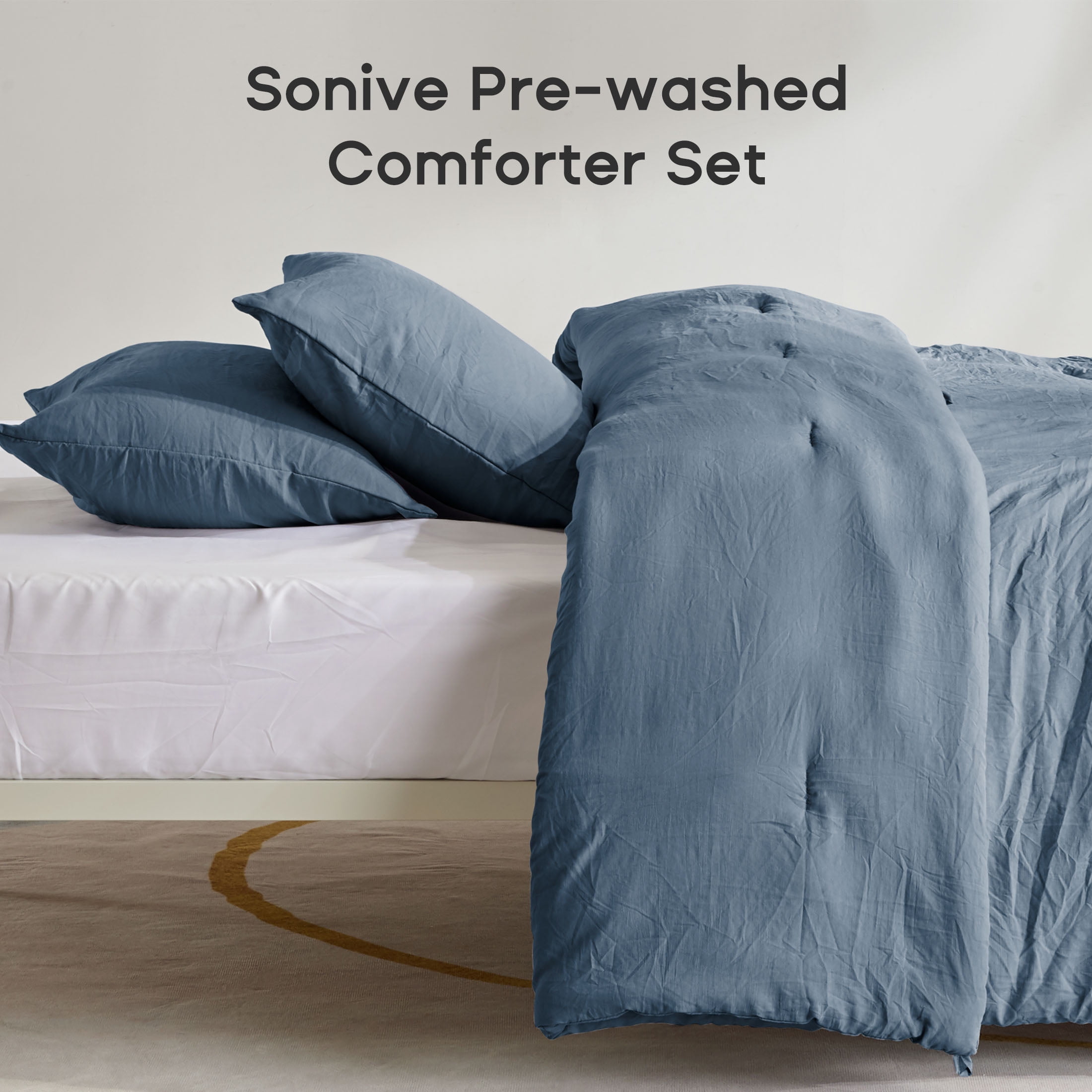 Sonive Washed Comforter Sets Queen 3 Piece, Soft and Cozy, Fluffy Microfiber Fill, Washed Textured Wrinkled Design (Flint Stone Blue)