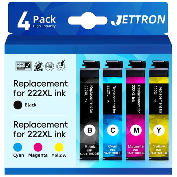222XL Ink Cartridge for Epson 222 Ink Compatible for Epson Expression Home XP-5200, Workforce WF-2960 Printers (4 Pack，Black, Cyan, Magenta, Yellow)