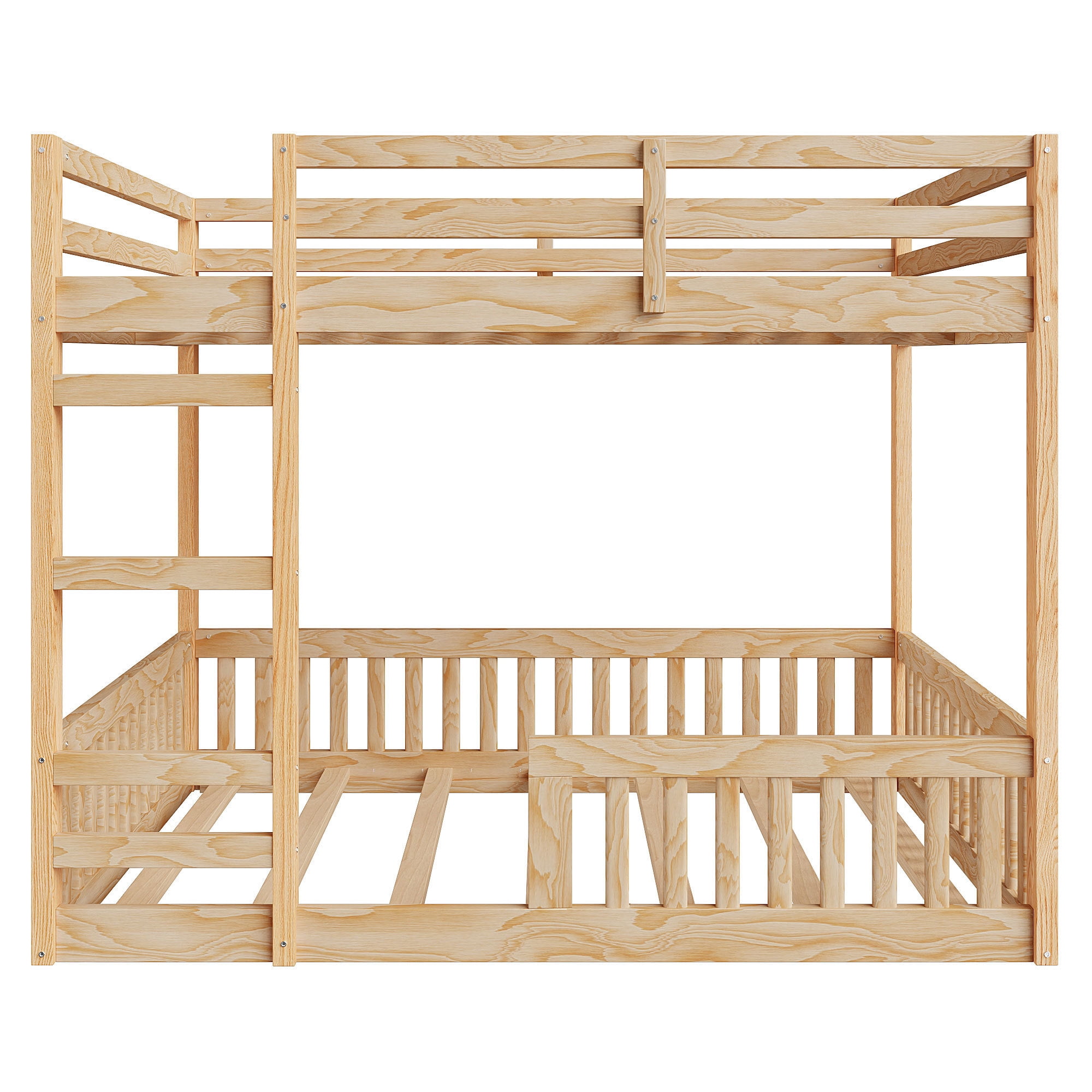 Full Over Full Size Wooden Bunk Bed with Ladder and Guardrails, Low Floor Bunk Beds w/ Slats Support,Space-Saving Multifunction Furniture for Apartment,Bedroom