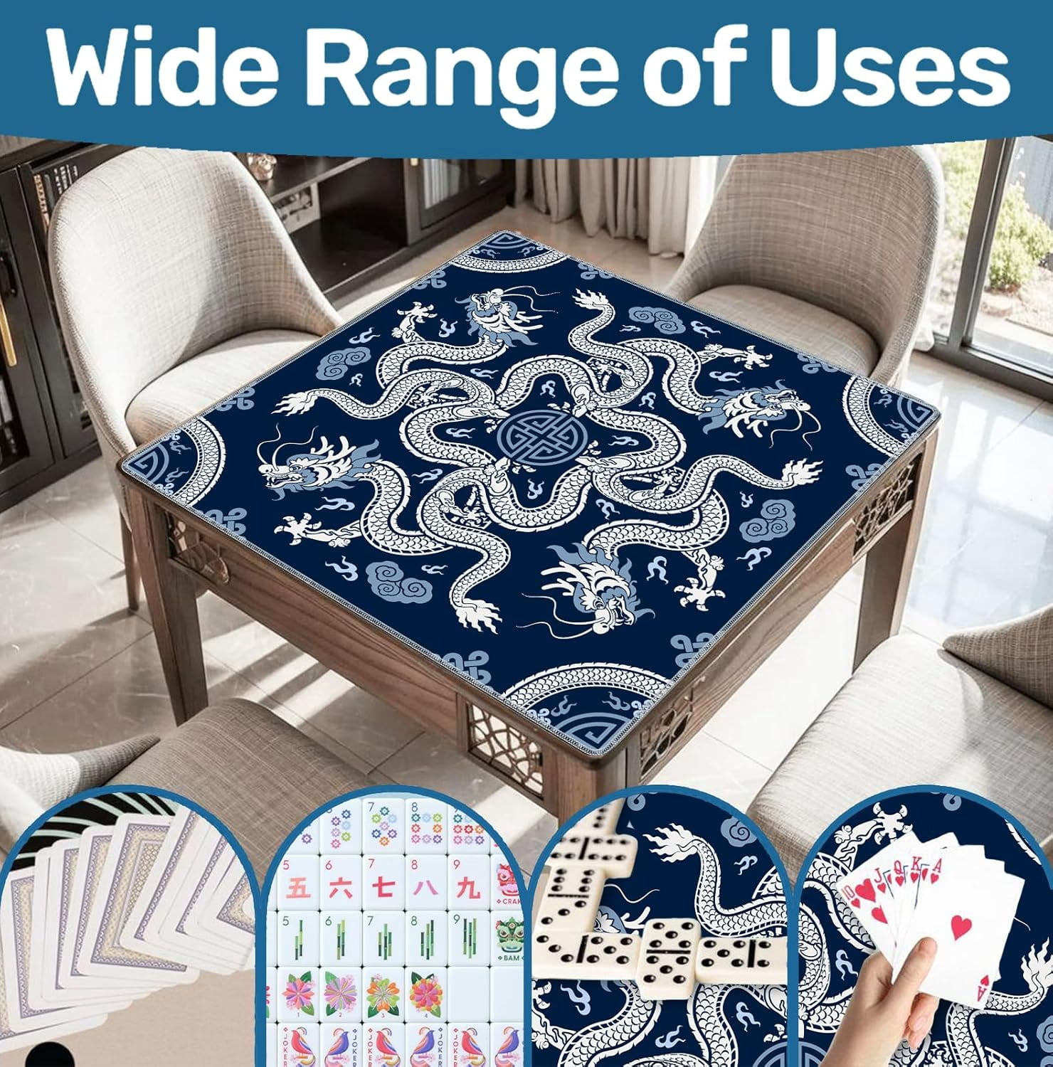 Blue Chinese Dragon Mahjong Mat 31.5" x 31.5", Vintage Oriental Chinoiserie Non-Slip Noise Reduction Mahjong Table Cover Accessories Supplies for Dominoes Poker Card Board and Tile Games Gifts