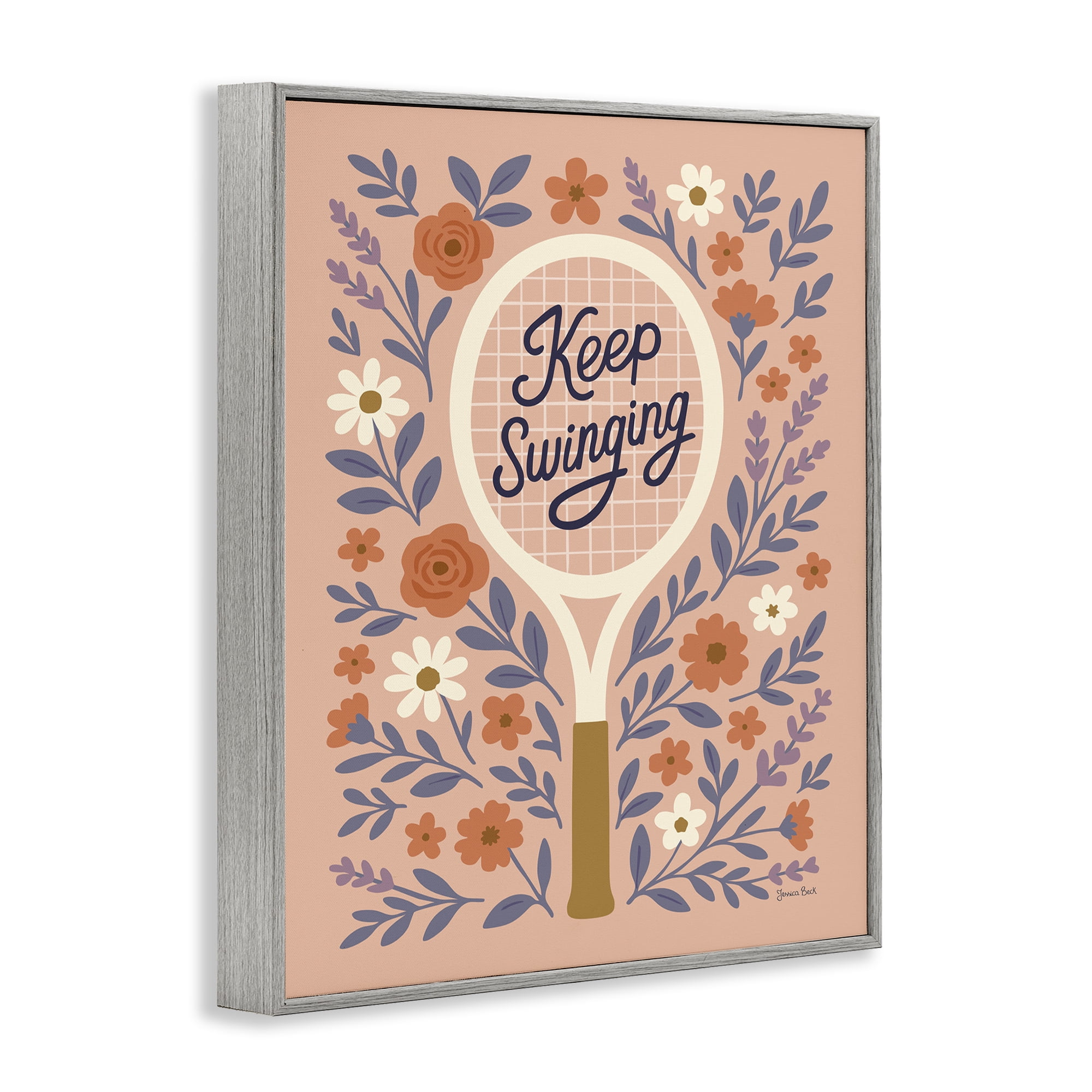 Stupell Industries Keep Swinging Floral Tennis Gray Framed Giclee Art, design by Jessica Beck