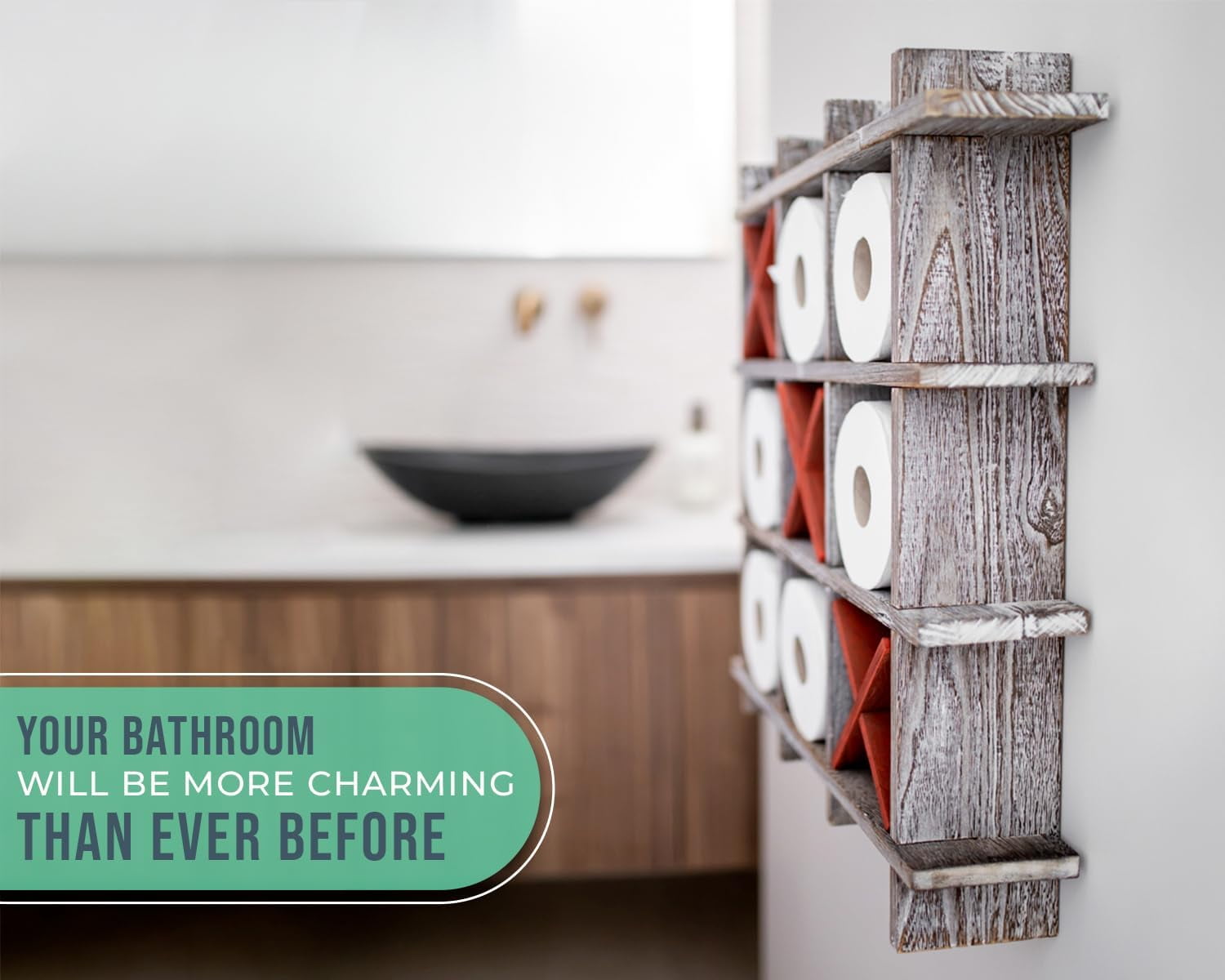 Comfify Tic Tac Toe Toilet Paper Holder, Metal, Freestanding or Wall-Mounted, Distressed White Bathroom Accessory