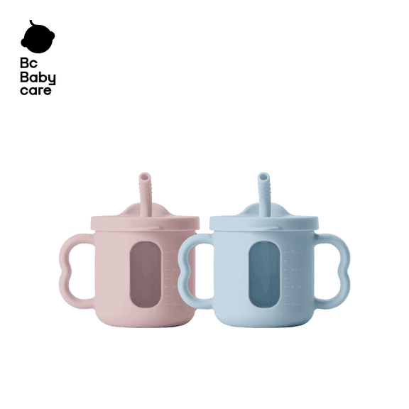 Bc Babycare Silicone Toddler Straw Sippy Cups with Handles, 2-Pack, BPA-Free, Spill-Resistant Training Cups, See-Through Design, Blue Pink