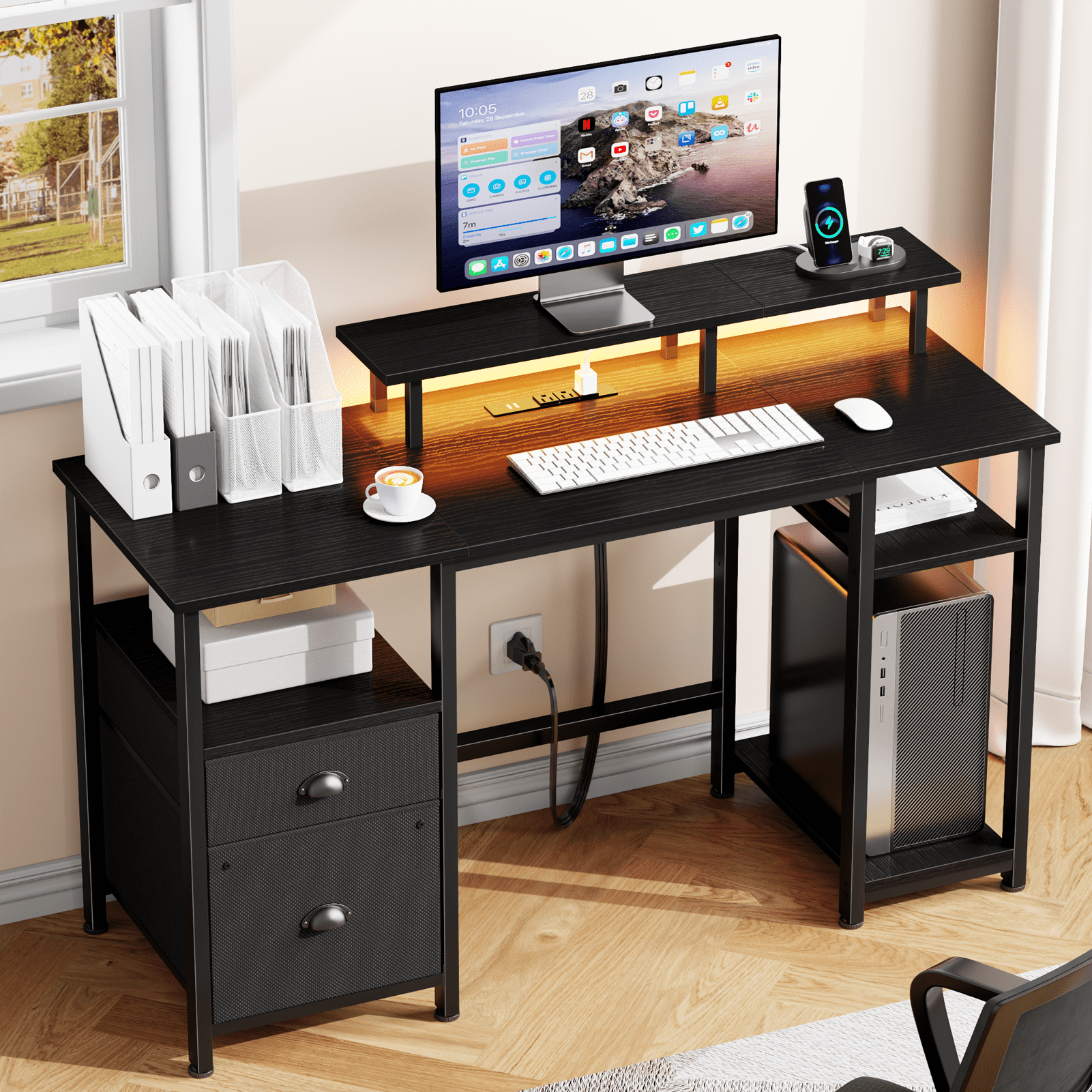 Satifur 51" Reversible 2-Tier Computer Desk with Power Outlet, LED Lights, File Cabinet & Storage Shelves,Black