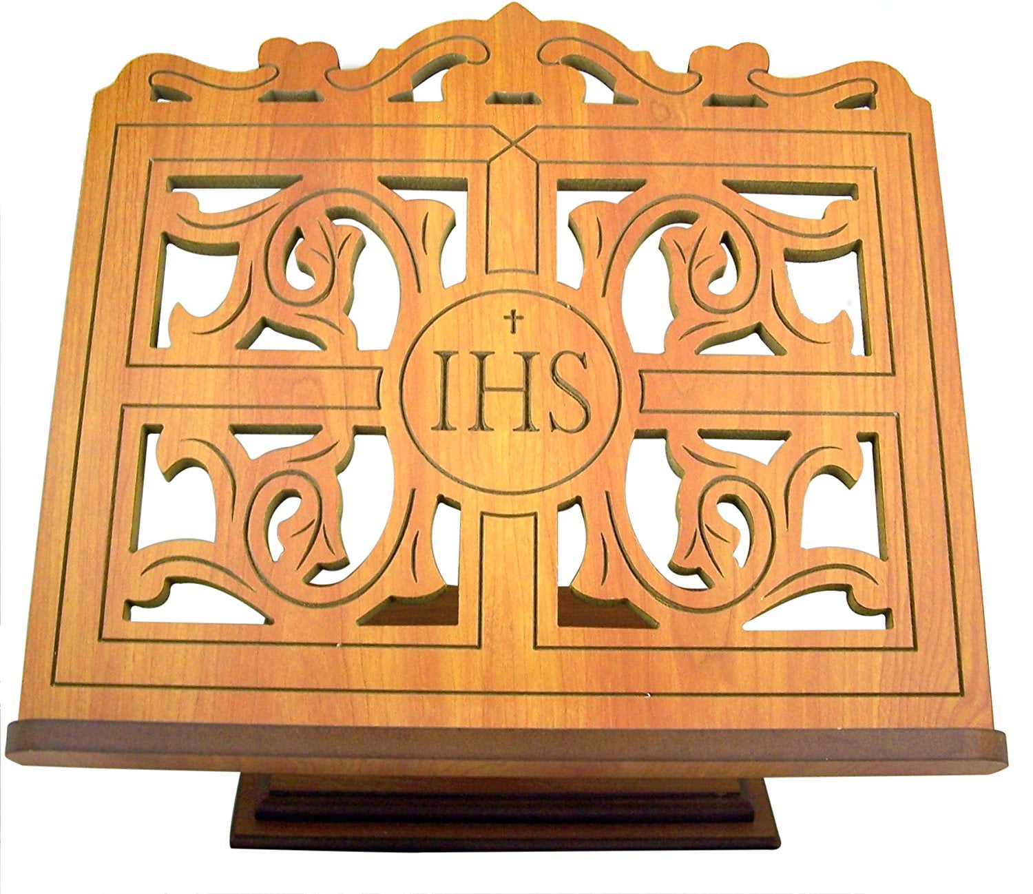 Carved Wood IHS Bible or Book Display Stand with Ledge, Oak, 14 Inch