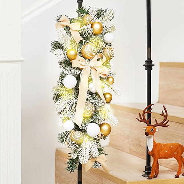 Xihbxyly Corona Navideña Iluminada, Guirnalda Preiluminada para Escalera, Decoración con Piñas y Lazos, Decoración Festiva para El Hogar, Uso Interior y Exterior, Decoración Navideña para La Puerta d